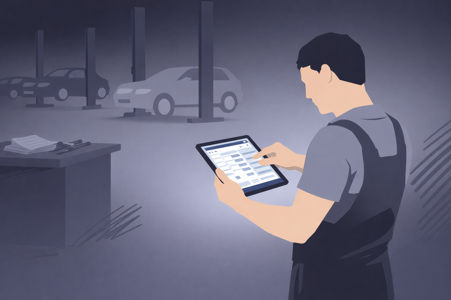 Technician working through a checklist on a tablet inside the shop