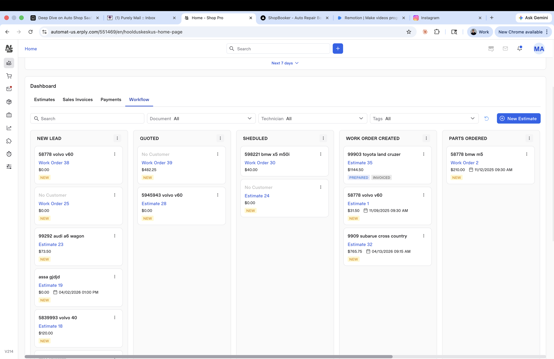 Workflow Kanban board — New Lead, Quoted, Scheduled, Work Order Created, Parts Ordered