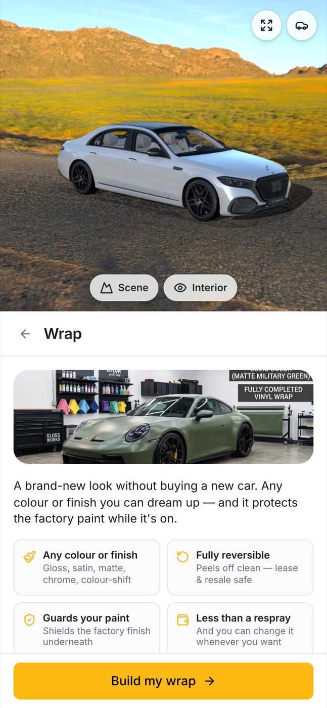 A sedan on a desert road in the 3D builder, configuring a vinyl wrap