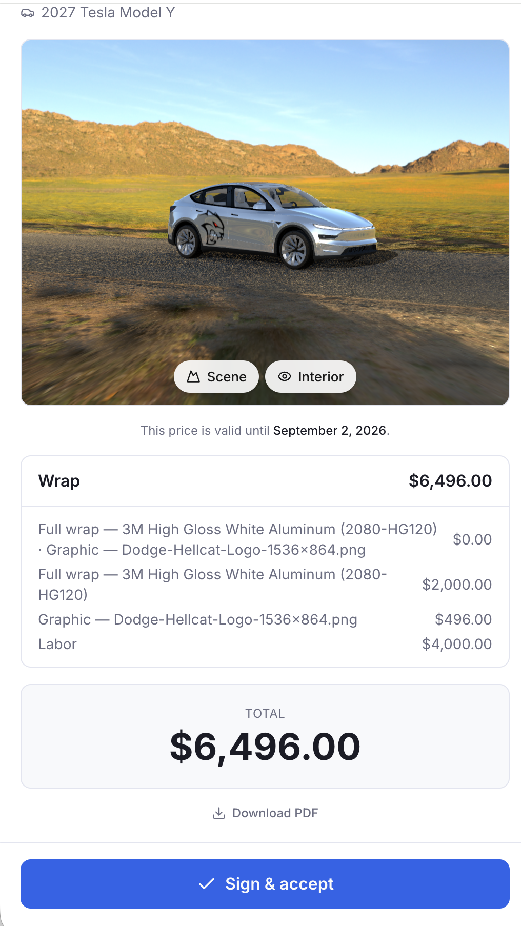 The customer's quote on their phone — a wrapped car, the wrap, graphic and labor itemized, a $6,496 total, a price-valid-until date, Download PDF and a Sign and accept button